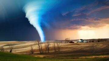 tornade dans orageux paysage, tonnerre tempête, climat changement, Naturel catastrophe, génératif ai illustration photo