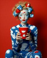 femme ancien beauté bleu maquillage mode chapeau attrayant rouge tasse rétro caucasien portrait posant photo