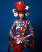femme rouge jolie attrayant ancien tasse rétro portrait chaud beauté mode bleu à la recherche photo