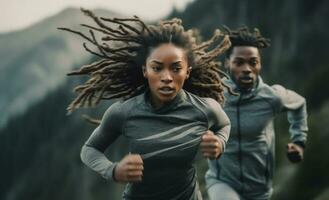 femme homme aptitude le jogging en forme relation amicale des sports en plein air marathon courir faire des exercices couple. génératif ai. photo