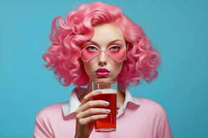 femme cheveux beauté adulte bleu main verre mode en buvant lumière bar de l'alcool rose photo