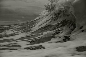 une noir et blanc photo de une vague rupture