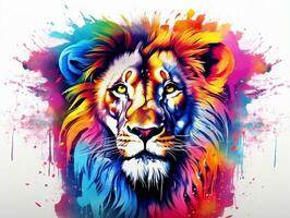 coloré Lion tête éclaboussure art avec blanc Contexte ai génératif photo