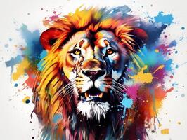 coloré Lion tête éclaboussure art avec blanc Contexte ai génératif photo