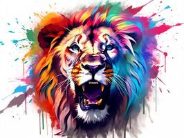 coloré Lion tête éclaboussure art avec blanc Contexte ai génératif photo