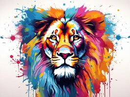 coloré Lion tête éclaboussure art avec blanc Contexte ai génératif photo