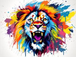 coloré Lion tête éclaboussure art avec blanc Contexte ai génératif photo