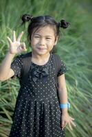 asiatique les enfants avec souriant visage et main signe pour d'accord photo