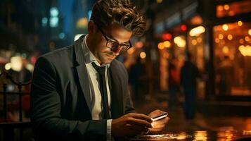 Masculin homme d'affaire dans une costume détient une téléphone intelligent dans le sien mains photo