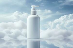 maquette de élégant lotion pompe bouteille sur le Contexte de brillant des nuages photo