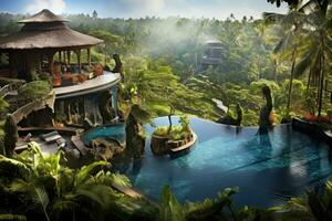 3d le rendu de une tropical jardin avec une nager bassin et une hôtel, exotique oasis dans Bali, une tropical nager piscine, niché au milieu de le Stupéfiant paysage de l'indonésie enchanteur, ai généré photo