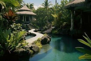 tropical jardin avec nager bassin et paume des arbres dans Bali, Indonésie, exotique oasis dans Bali, une tropical nager piscine, niché au milieu de le Stupéfiant paysage de l'indonésie enchanteur, ai généré photo