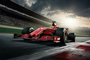 rouge formule course voiture sur Piste avec chauffeur dans action. 3d le rendu, Ferrari f1 sur le piste. sport voiture courses formule un dans course piste, ai généré photo