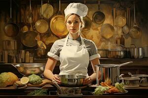 magnifique Jeune femme cuisinier dans le cuisine. photo dans pétrole La peinture style, femelle chef dans cuisine, ai généré