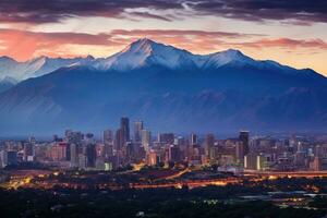 paysage urbain de le ville à le coucher du soleil avec une Montagne dans le arrière-plan, soir panorama de Santiago de Chili, ai généré photo