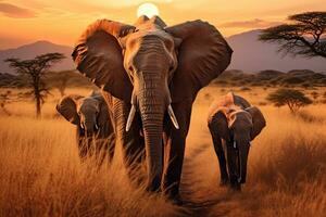 éléphants dans amboseli nationale parc, Kenya, Afrique, éléphants en marchant par le herbe dans savane. magnifique animaux à le toile de fond de montagnes à coucher de soleil, ai généré photo