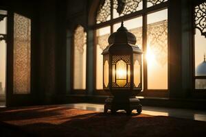 une lanterne avec le lumière brillant par le fenêtre global éclairage mosquée dans Contexte loin une façon génératif ai photo