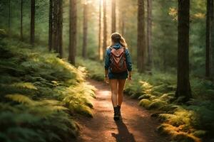 une fille avec une sac à dos et randonnée bottes, en marchant sur une Piste dans une forêt génératif ai photo