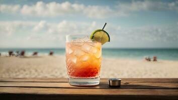 cocktail sur Haut de une en bois table dans de face de le plage. ai généré photo