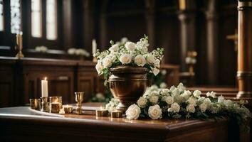 urne avec cendres dans le église avec blanc fleurs. ai généré photo