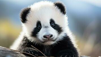 fermer de une pandas visage avec adorable noir et blanc photo