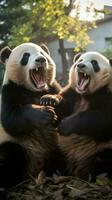 deux pandas ludique lutte dans une herbeux champ photo