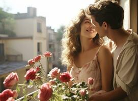 attrayant Jeune homme et femme sur balcon berceau des roses photo