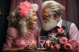 content vieux couple séance ensemble pour une romantique repas dans le vivant pièce photo