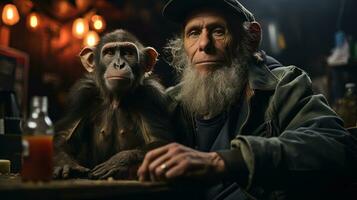 vieux homme avec longue gris barbe séance à table avec singe. photo