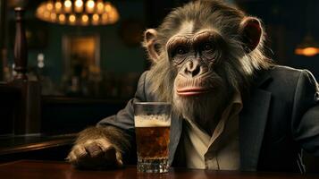 portrait de une affaires singe dans costume avec une verre de Bière dans une pub. photo