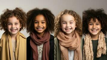 groupe de content multiculturel des gamins dans écharpes souriant à caméra isolé sur gris, collage. photo