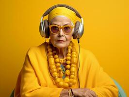 Sénior femme portant mode accessoires et des lunettes de soleil dans studio portrait sur Jaune Contexte photo