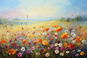 pétrole La peinture sur toile. coloré Prairie avec fleurs sauvages, fleurs peintures monet La peinture claude impressionnisme peindre paysage fleur Prairie huile, ai généré photo