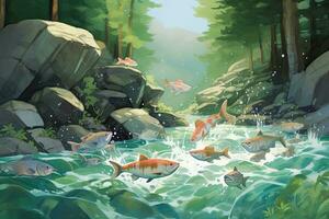 dessin animé scène avec des poissons nager dans le rivière - illustration pour enfants, des poissons aller pour frai en amont, ai généré photo