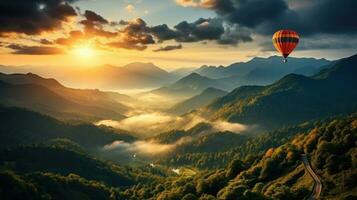 coloré chaud air ballon en volant plus de le Montagne paysage à le coucher du soleil. photo