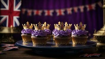 Royal couronnement petits gâteaux à célébrer le couronnement de Roi Charles iii. ai généré photo