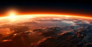 panoramique vue de le globe de planète Terre de espace. embrasé brillant Soleil - ai généré image photo