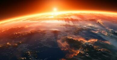 panoramique vue de le globe de planète Terre de espace. embrasé brillant Soleil - ai généré image photo