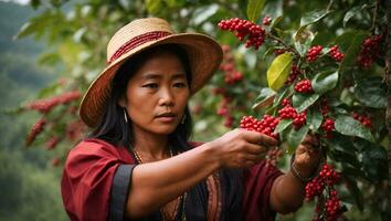 akha femme cueillette rouge café des haricots sur bouquet sur arbre. ai généré photo