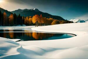 une neigeux paysage avec une Lac et des arbres. généré par ai photo