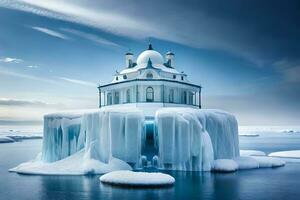 une église sur un iceberg dans le milieu de le océan. généré par ai photo