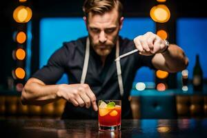 une barman est en train de préparer une cocktail dans une verre. généré par ai photo