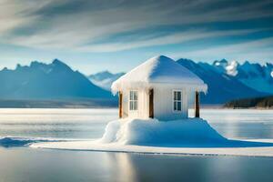 une petit cabane est assis sur Haut de une congelé lac. généré par ai photo