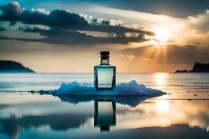 une bouteille de alcool séance sur un la glace banquise dans le océan. généré par ai photo
