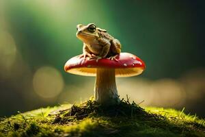 une grenouille est assis sur Haut de une rouge champignon. généré par ai photo