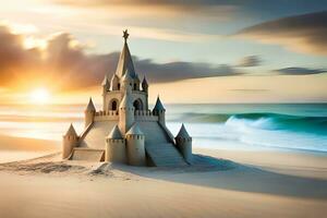 une le sable Château sur le plage à le coucher du soleil. généré par ai photo