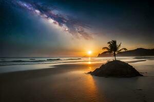 une seul paume arbre des stands sur le plage à le coucher du soleil. généré par ai photo