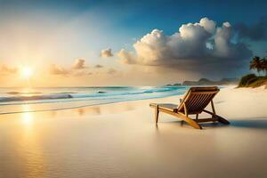 une chaise est assis sur le plage à le coucher du soleil. généré par ai photo