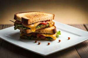 une grillé fromage sandwich sur une blanc plaque. généré par ai photo