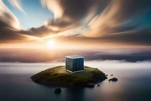 une bâtiment sur un île avec le Soleil réglage derrière il. généré par ai photo